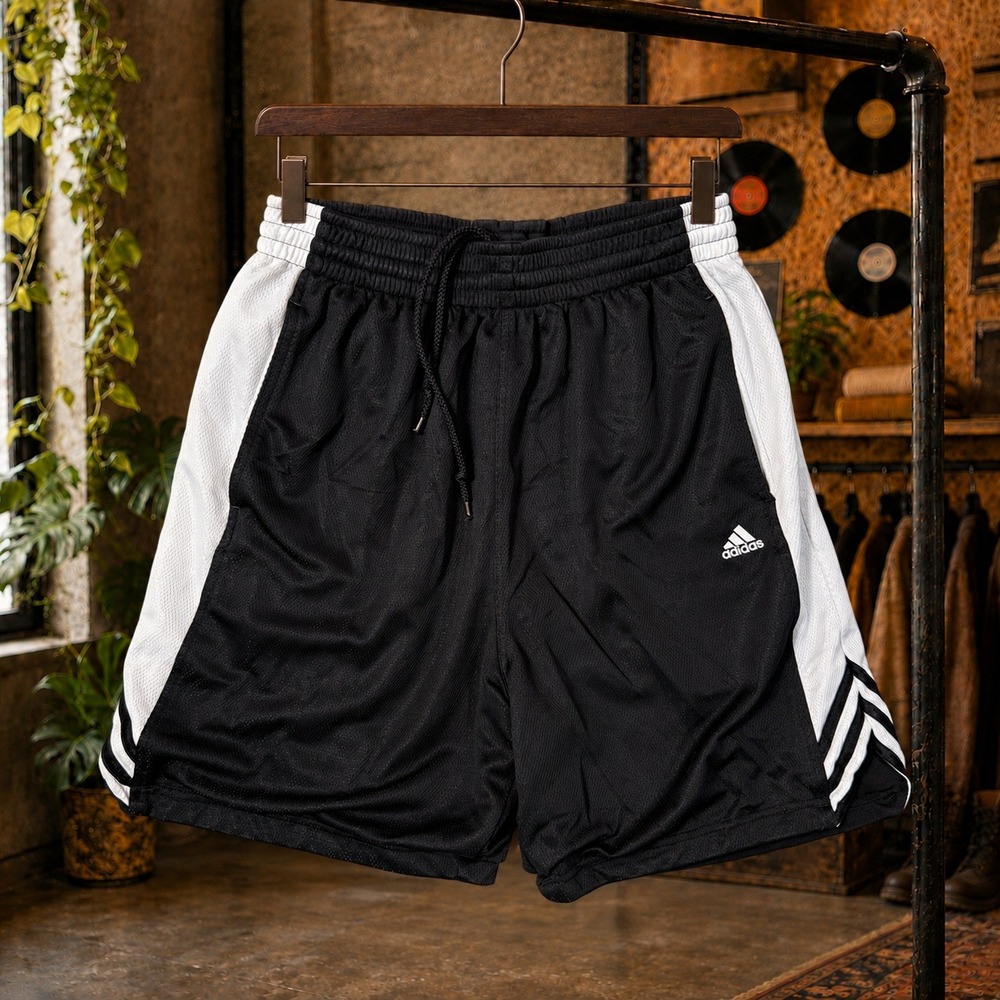 Medium Adidas Basketball Shorts Baggy Black White Mesh Striped Silky Mens Y2k